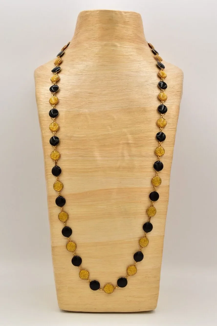 Vintage Black Gold Necklace Enamel Chain Gold Round Dot Circle Linked BinBD